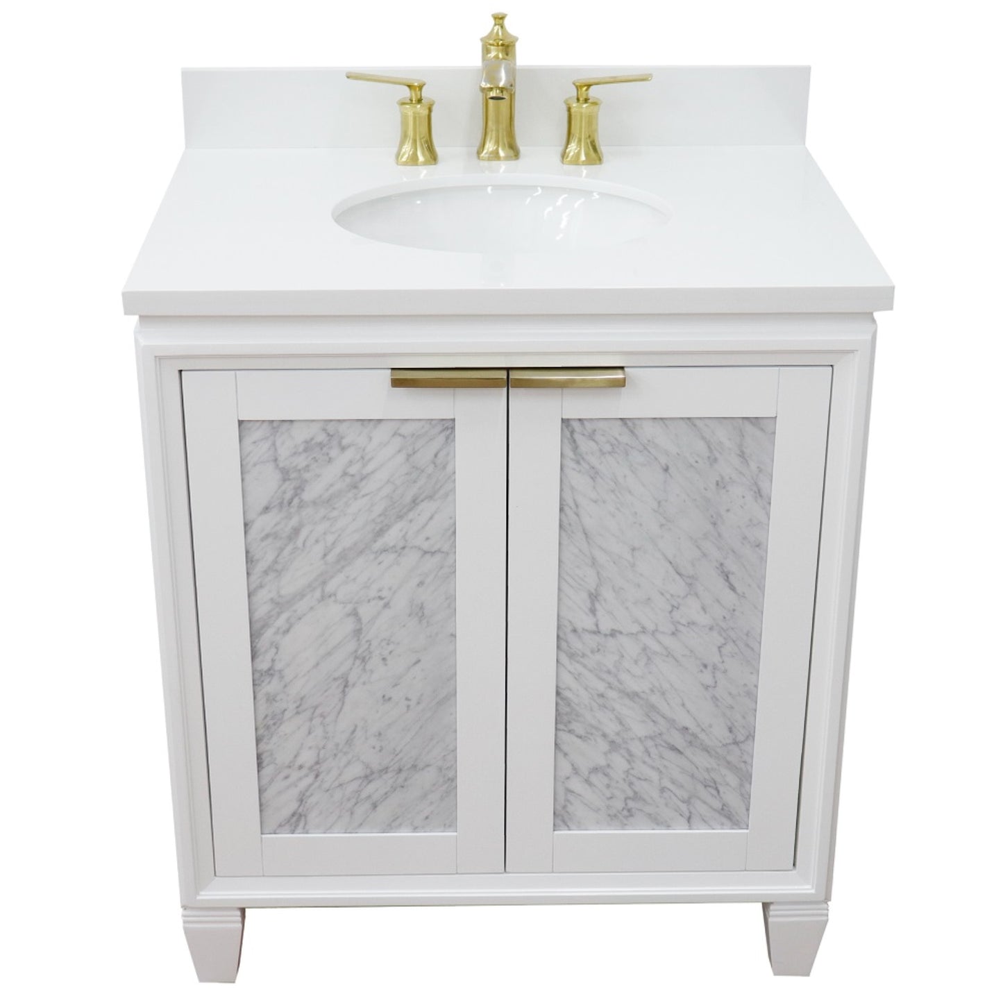31" Single sink vanity in White finish with White engineered stone with oval sink