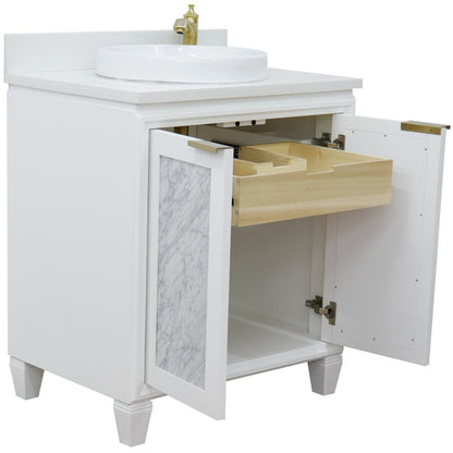 31" Single sink vanity in White finish with White engineered stone with round sink