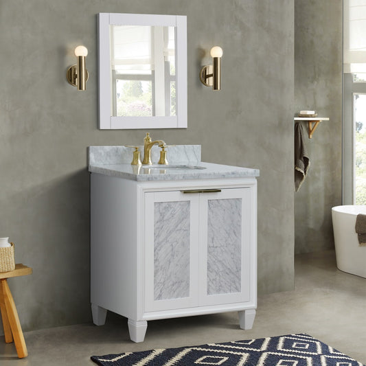 31" Single sink vanity in White finish with White Carrara marble with oval sink
