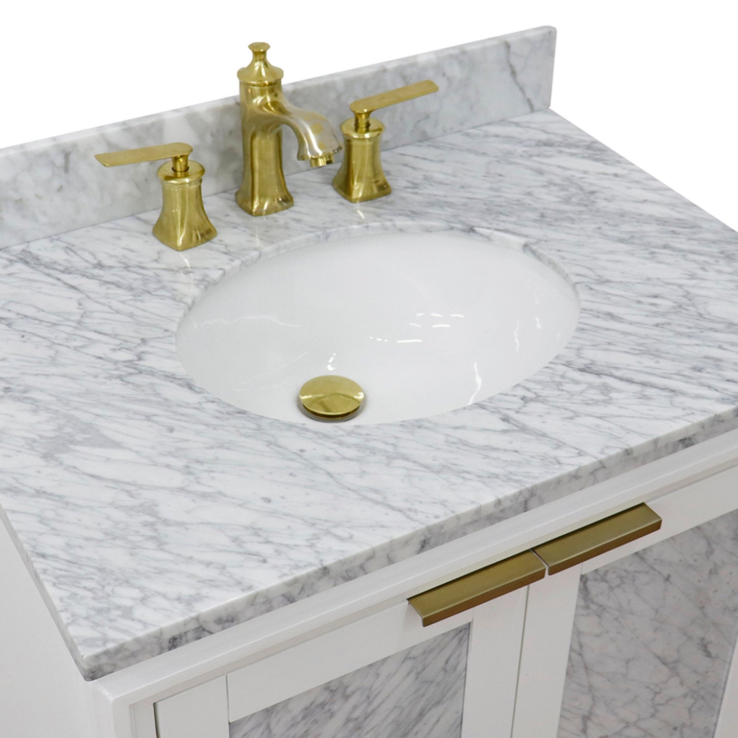 31" Single sink vanity in White finish with White Carrara marble with oval sink