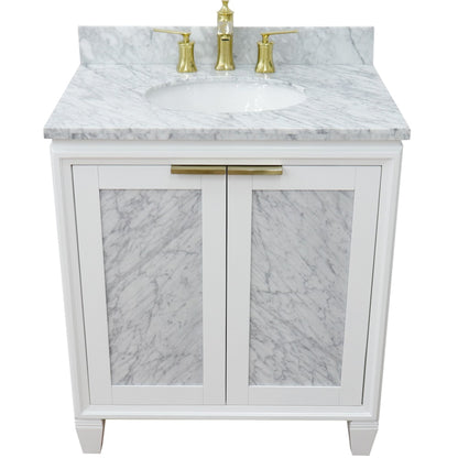 31" Single sink vanity in White finish with White Carrara marble with oval sink