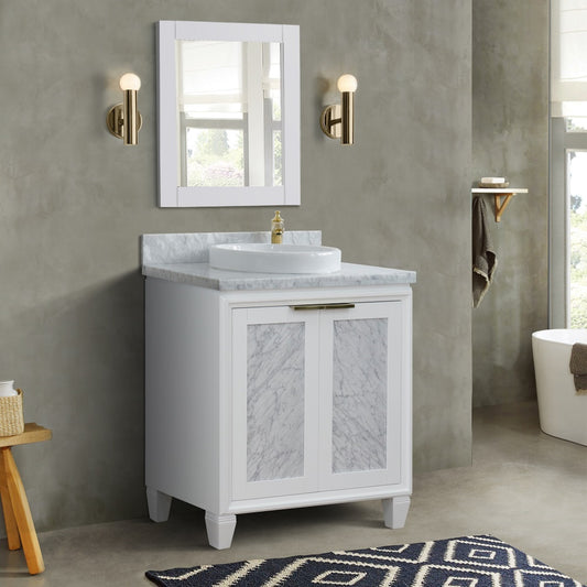 31" Single sink vanity in White finish with White Carrara marble with round sink