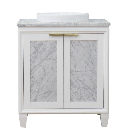 31" Single sink vanity in White finish with White Carrara marble with round sink
