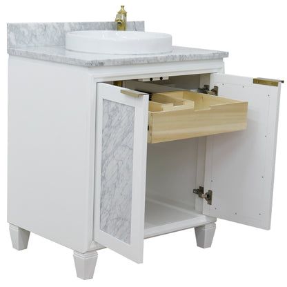 31" Single sink vanity in White finish with White Carrara marble with round sink