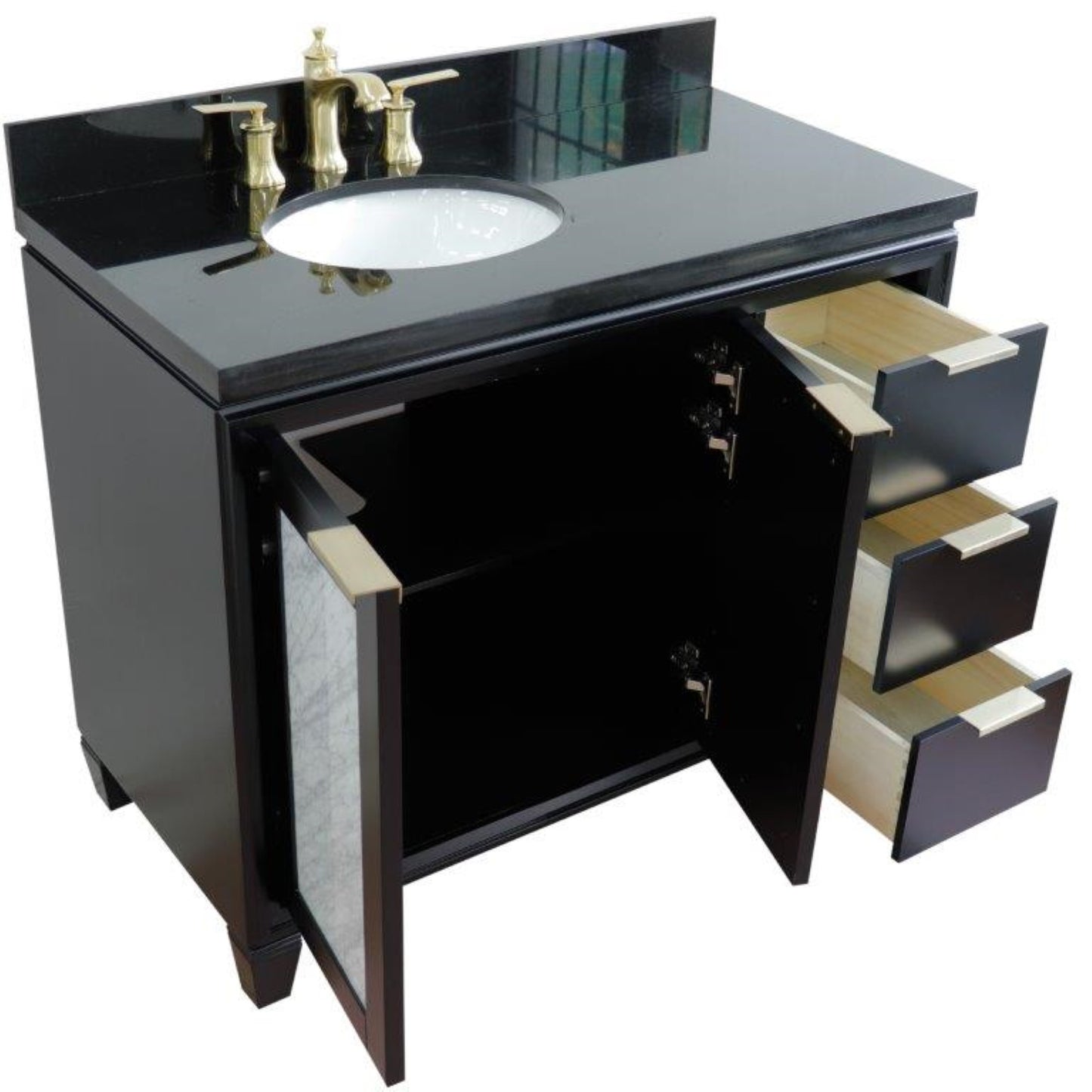 43" Single vanity in Black finish with Black galaxy and oval sink Left door/Left sink