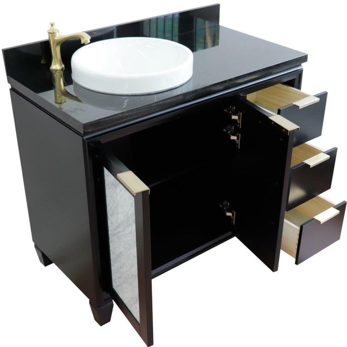 43" Single vanity in Black finish with Black galaxy and round sink Left door/Left sink