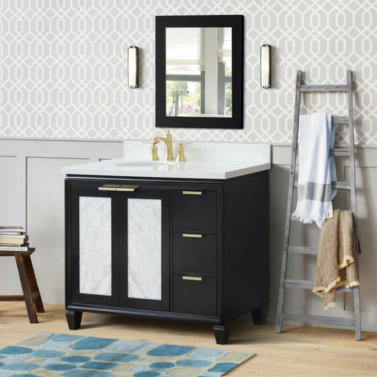 43" Single vanity in Black finish with White engineered stone and oval sink Left door/Left sink