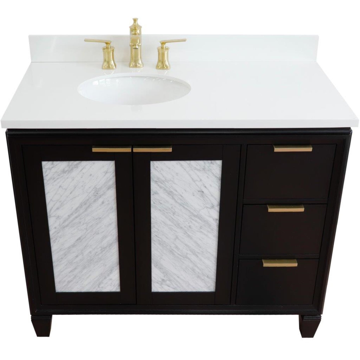 43" Single vanity in Black finish with White engineered stone and oval sink Left door/Left sink