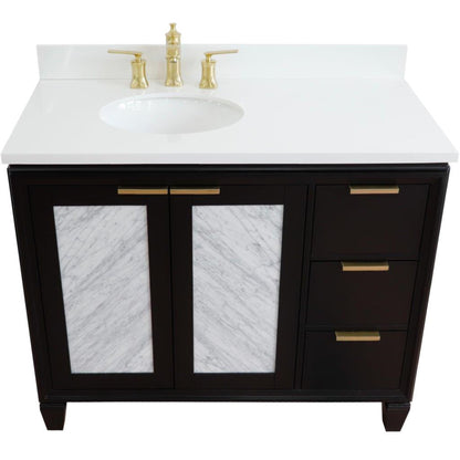 43" Single vanity in Black finish with White engineered stone and oval sink Left door/Left sink