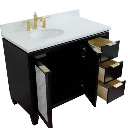 43" Single vanity in Black finish with White engineered stone and oval sink Left door/Left sink