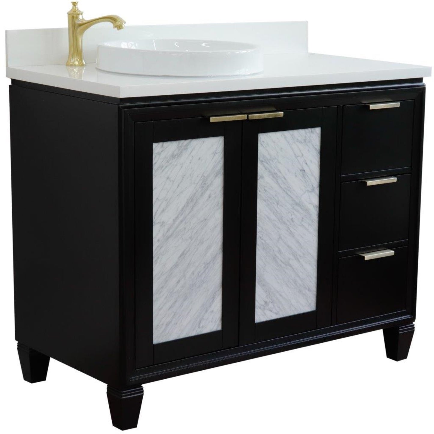 43" Single vanity in Black finish with White engineered stone and round sink Left door/Left sink