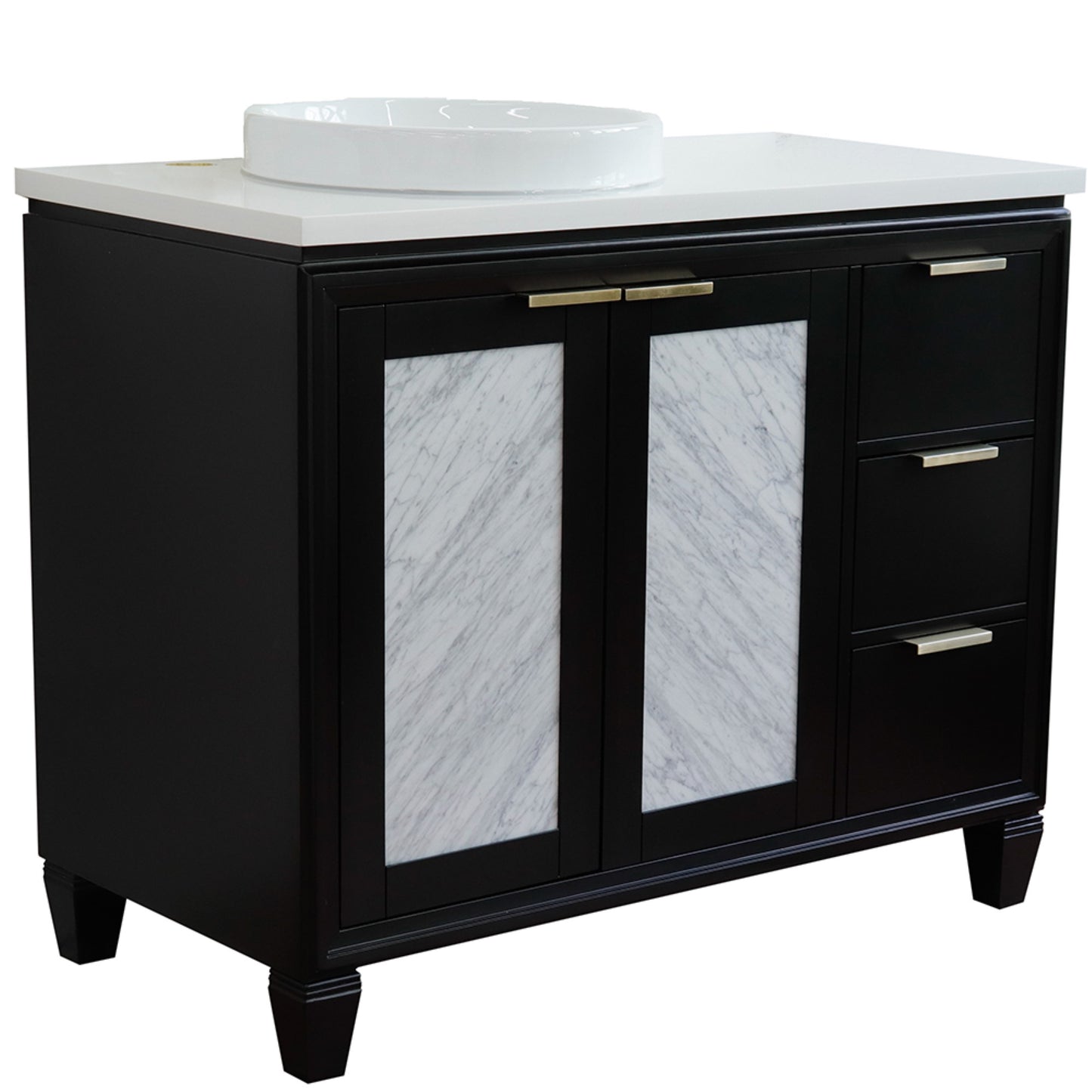 43" Single vanity in Black finish with White engineered stone and round sink Left door/Left sink