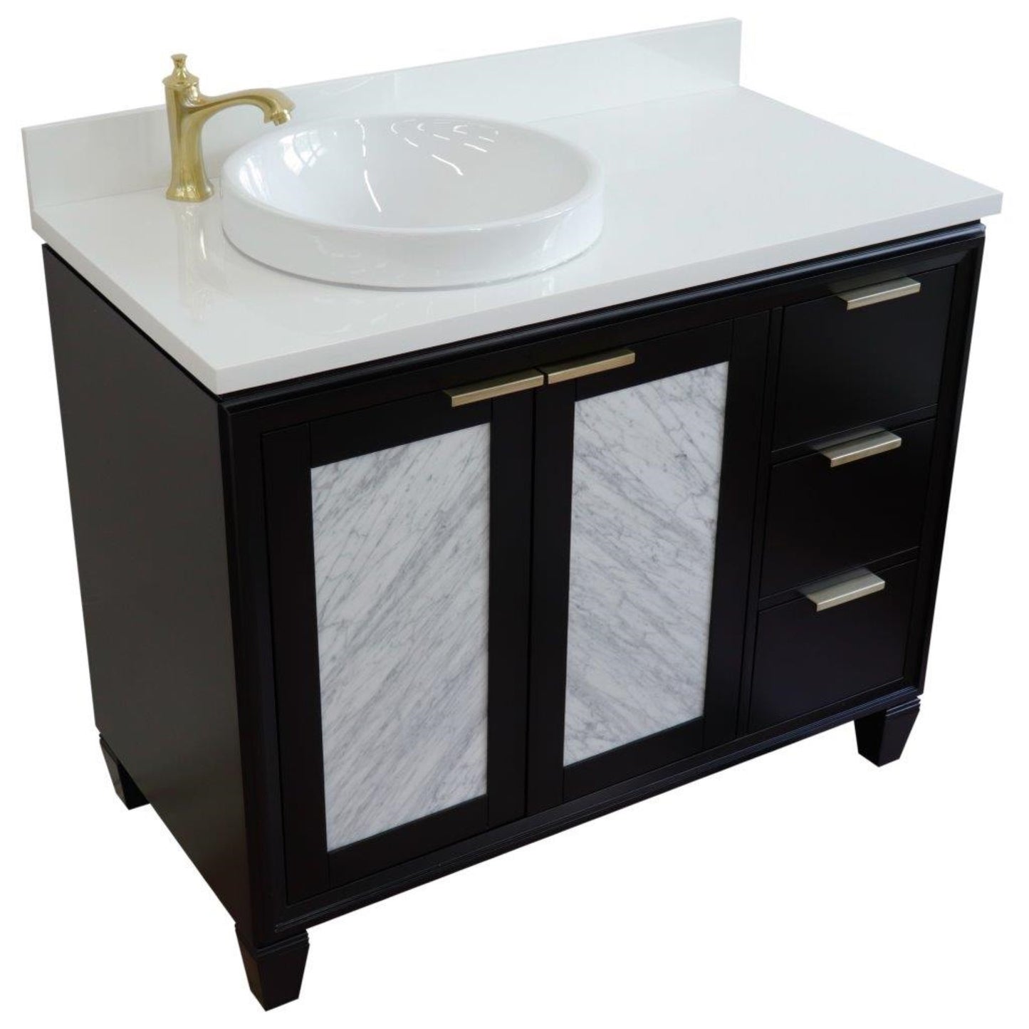 43" Single vanity in Black finish with White engineered stone and round sink Left door/Left sink