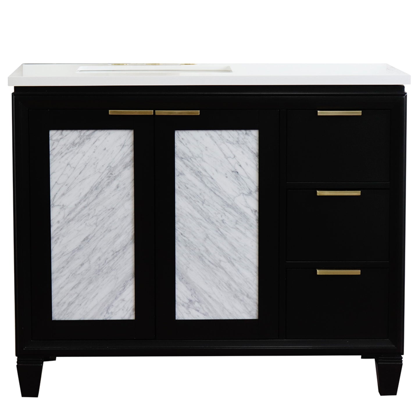 43" Single vanity in Black finish with White engineered stone and rectangle sink Left door/Left sink
