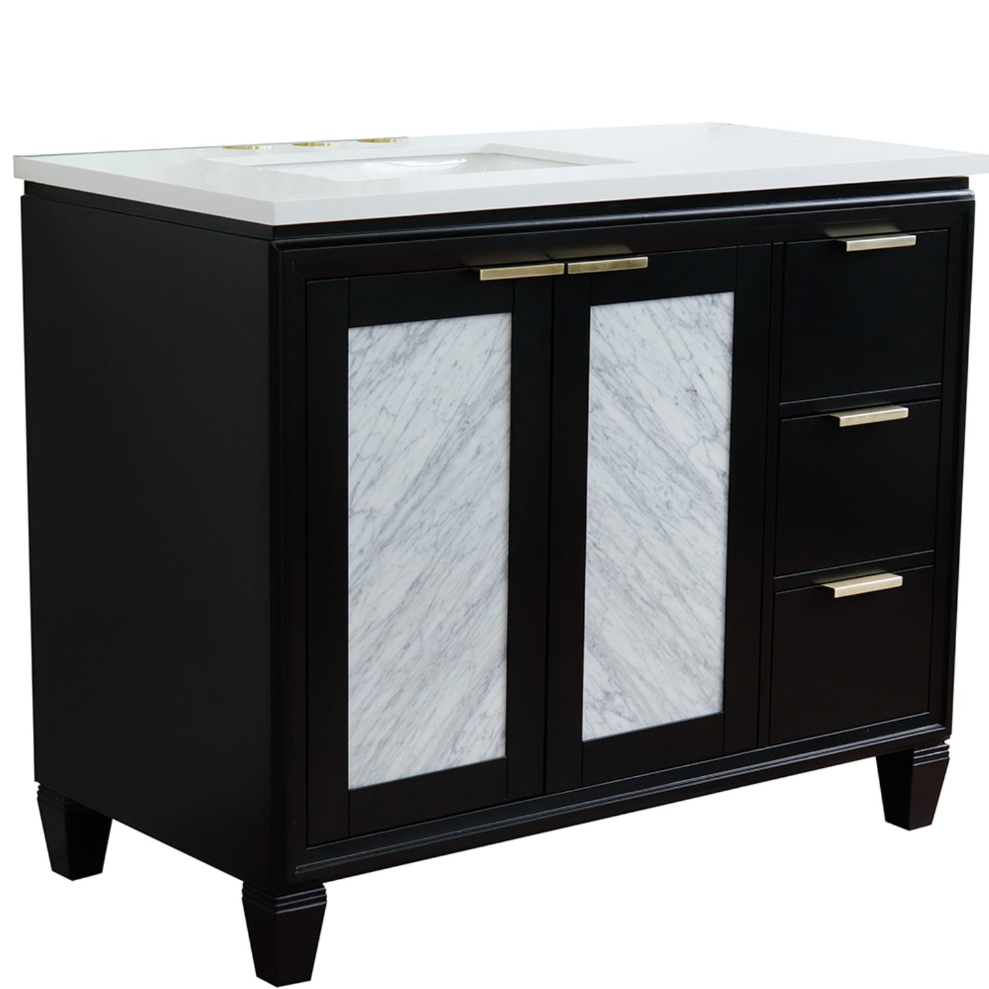 43" Single vanity in Black finish with White engineered stone and rectangle sink Left door/Left sink