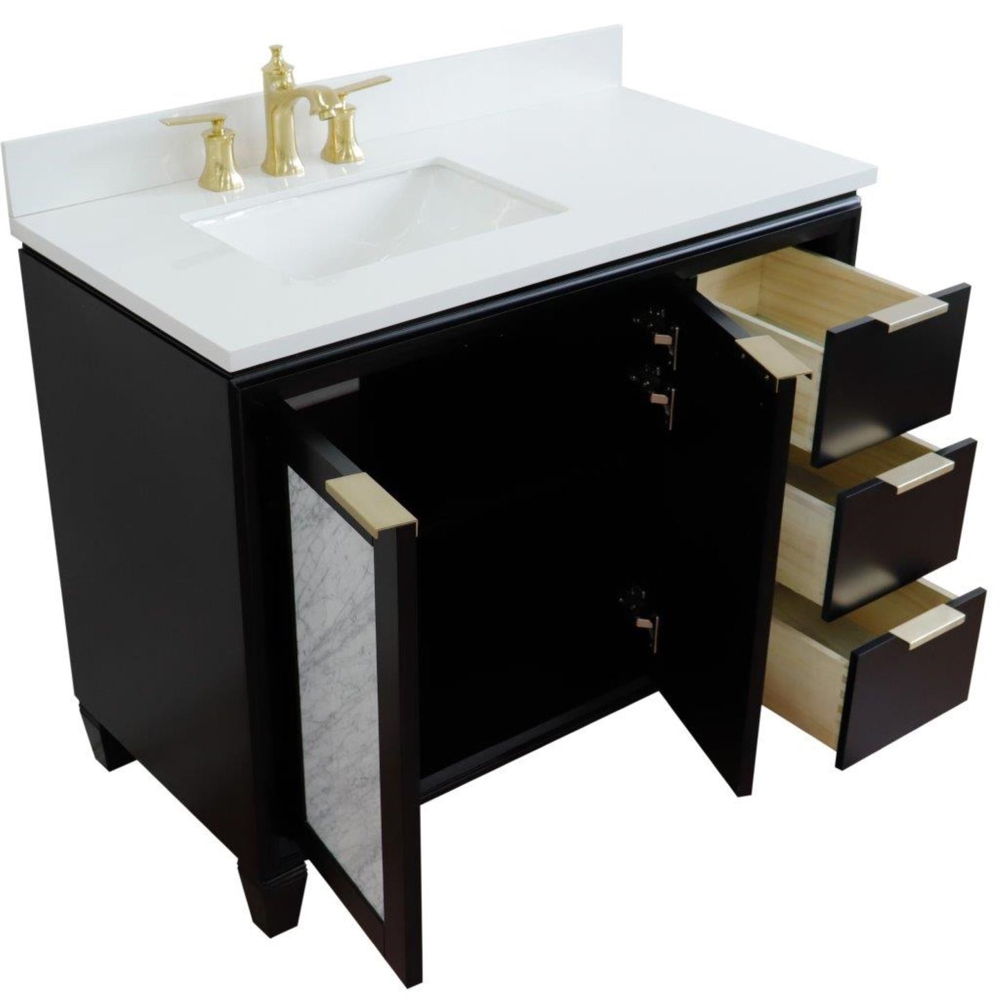 43" Single vanity in Black finish with White engineered stone and rectangle sink Left door/Left sink
