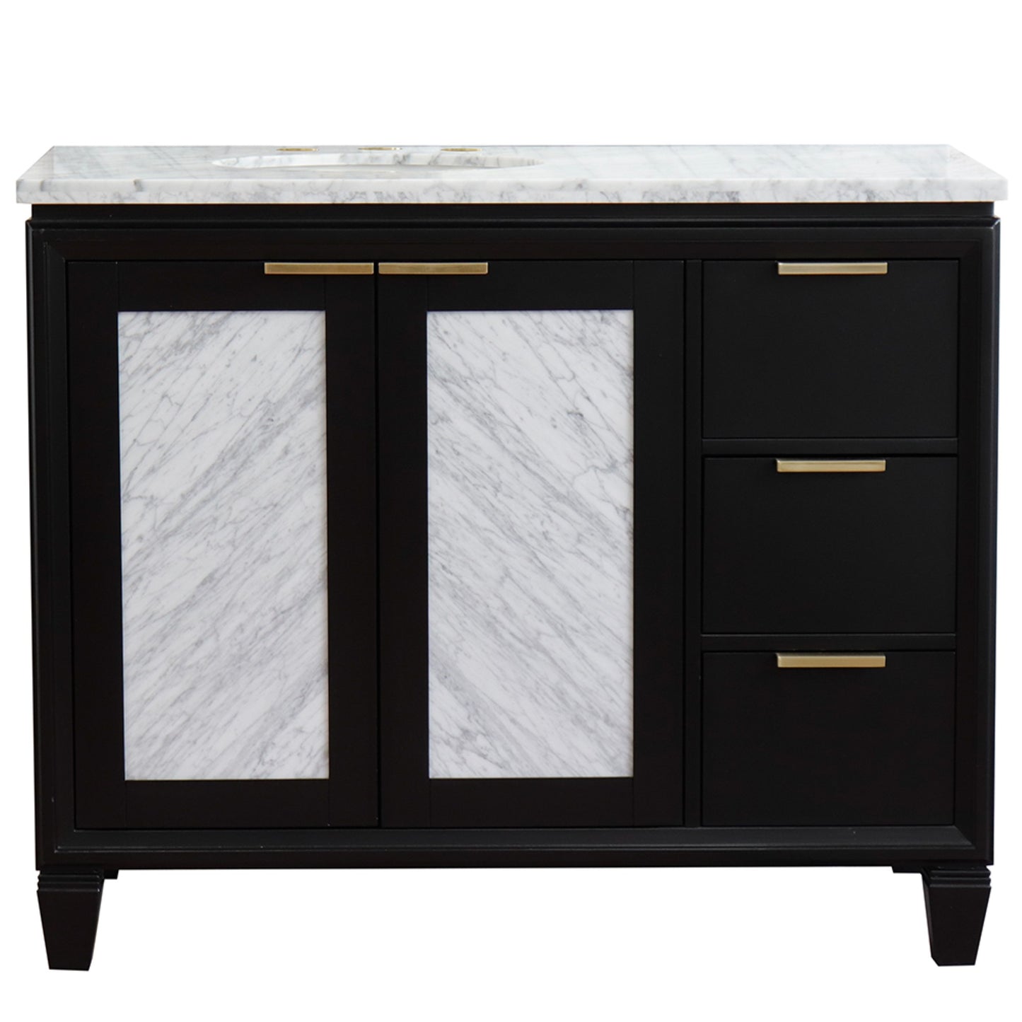 43" Single vanity in Black finish with White Carrara and oval sink Left door/Left sink