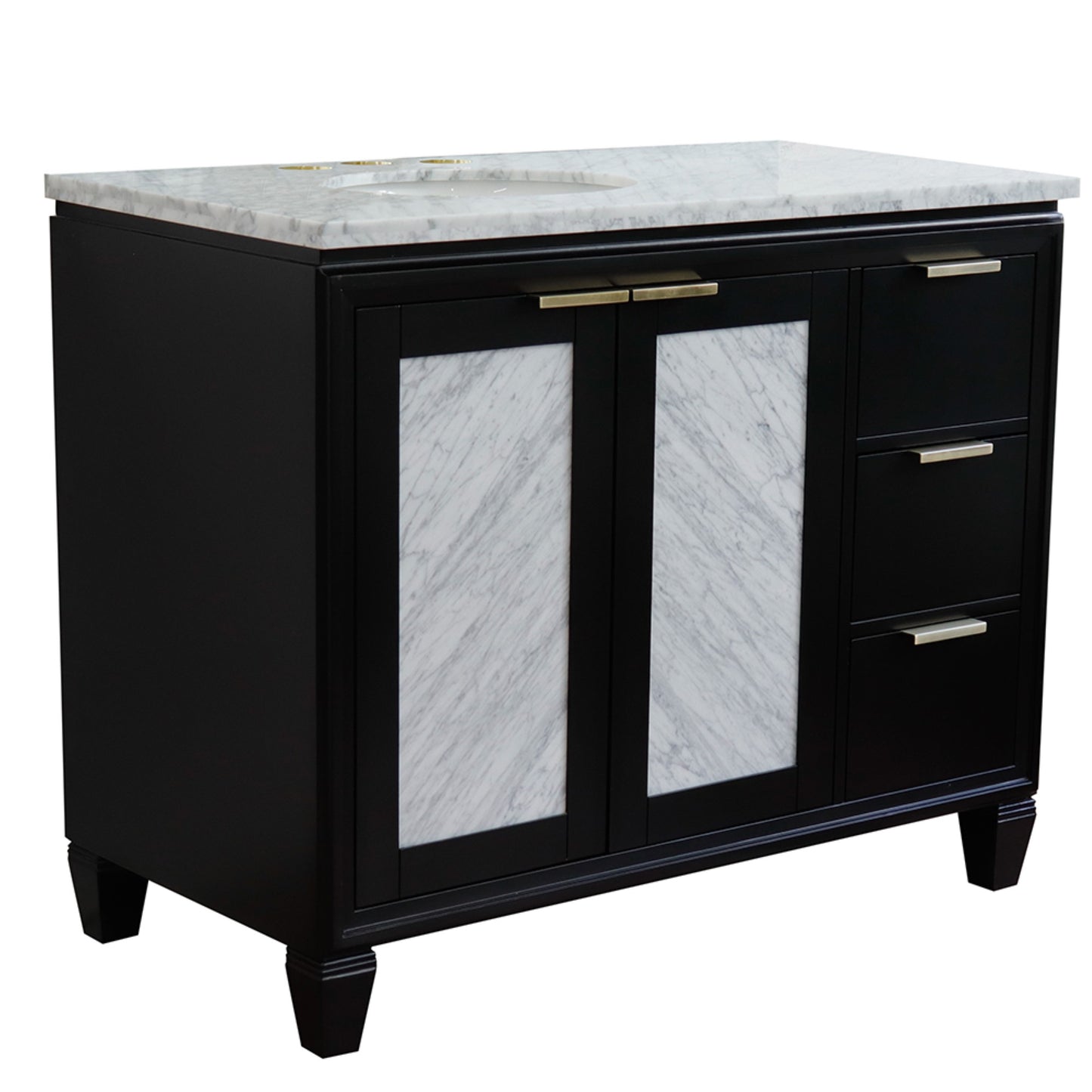 43" Single vanity in Black finish with White Carrara and oval sink Left door/Left sink