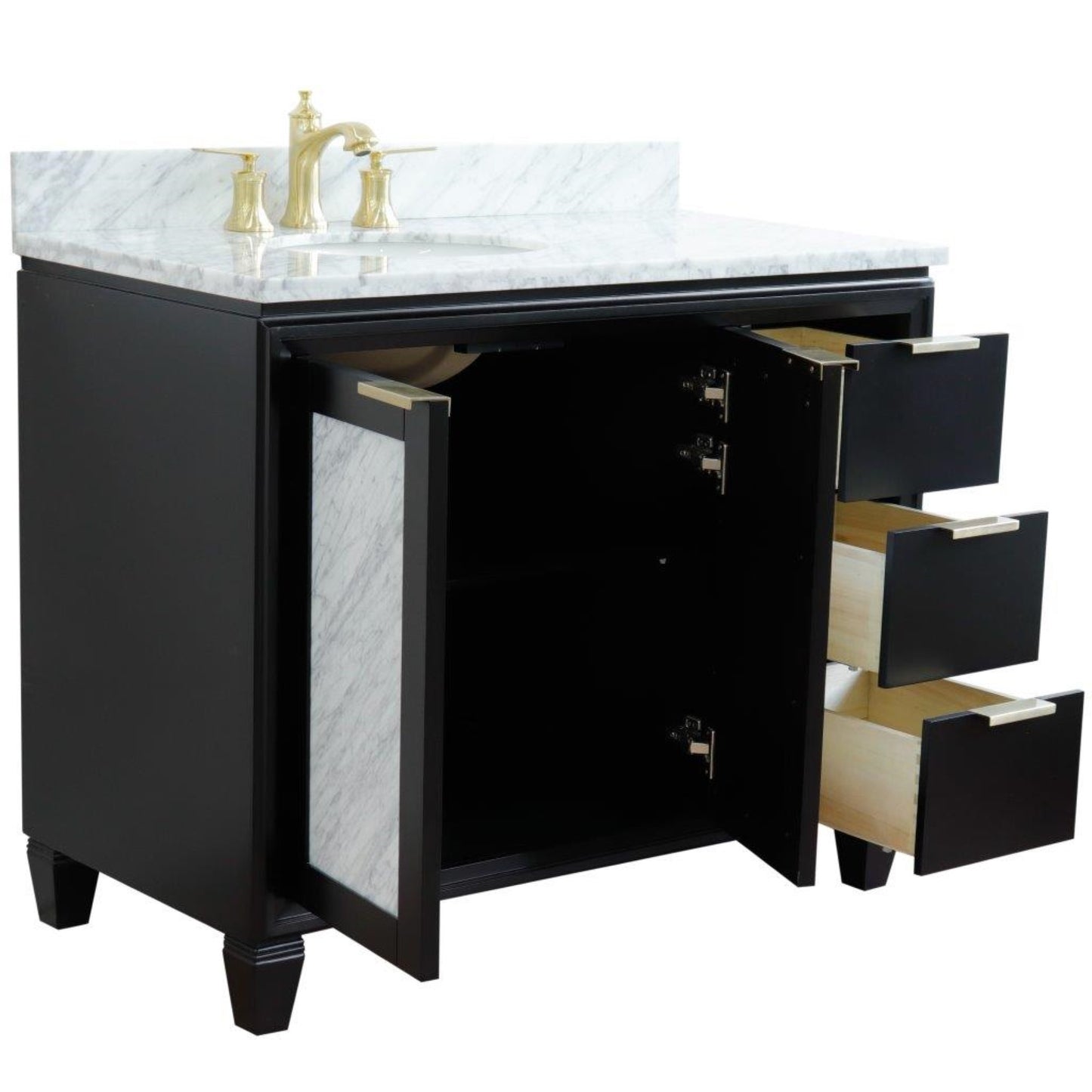 43" Single vanity in Black finish with White Carrara and oval sink Left door/Left sink