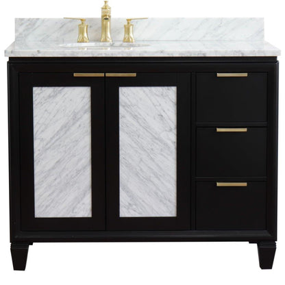43" Single vanity in Black finish with White Carrara and oval sink Left door/Left sink