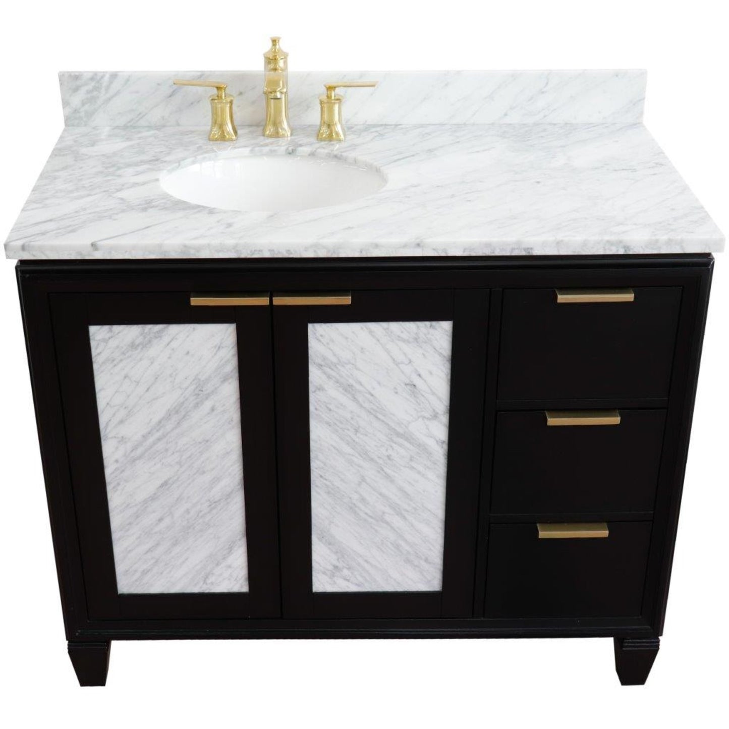 43" Single vanity in Black finish with White Carrara and oval sink Left door/Left sink