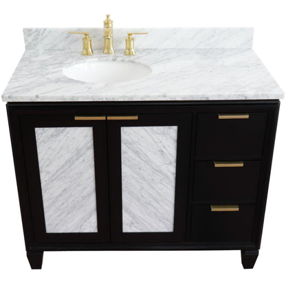 43" Single vanity in Black finish with White Carrara and oval sink Left door/Left sink