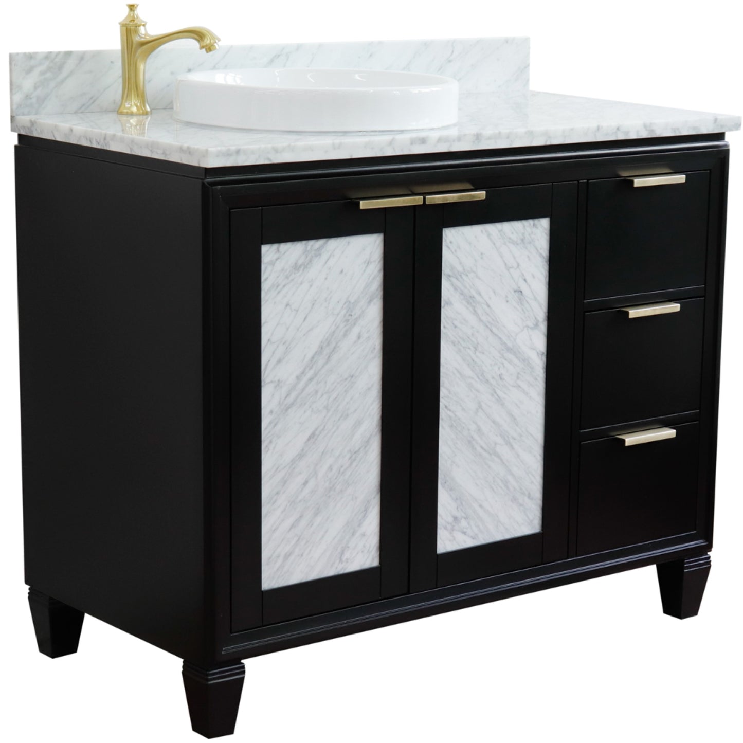 43" Single vanity in Black finish with White Carrara and round sink Left door/Left sink