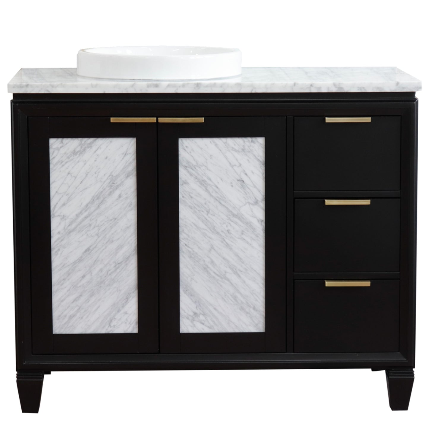 43" Single vanity in Black finish with White Carrara and round sink Left door/Left sink