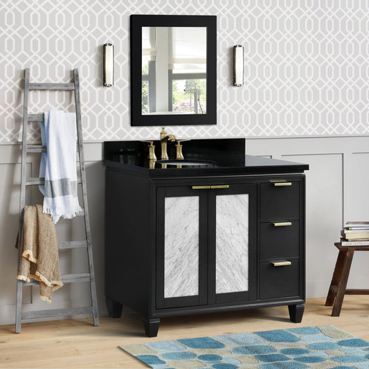 43" Single vanity in Dark Gray finish with Black galaxy and oval sink Left door/Left sink