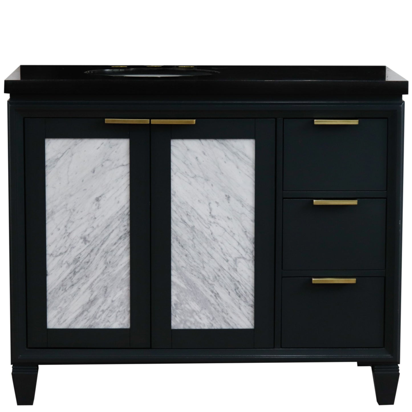 43" Single vanity in Dark Gray finish with Black galaxy and oval sink Left door/Left sink