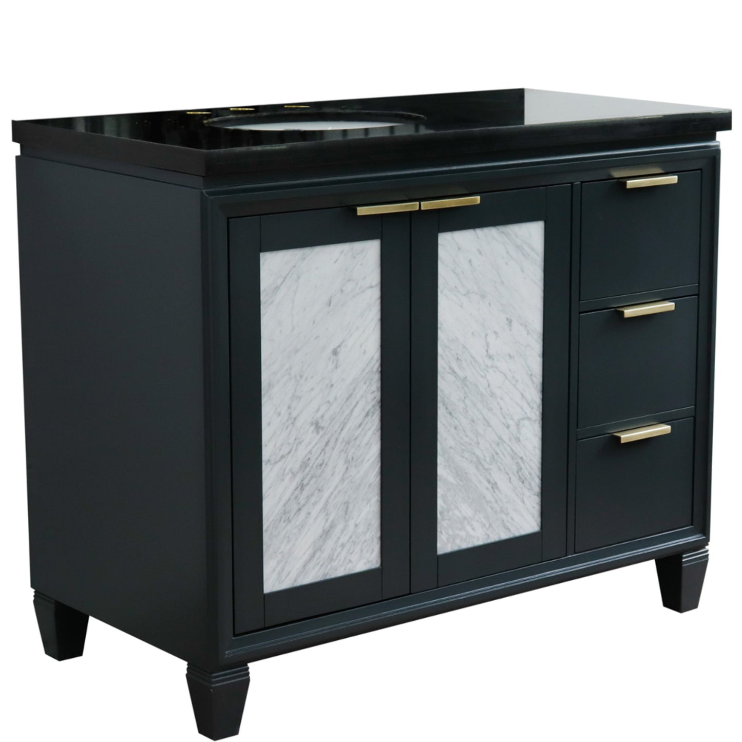 43" Single vanity in Dark Gray finish with Black galaxy and oval sink Left door/Left sink