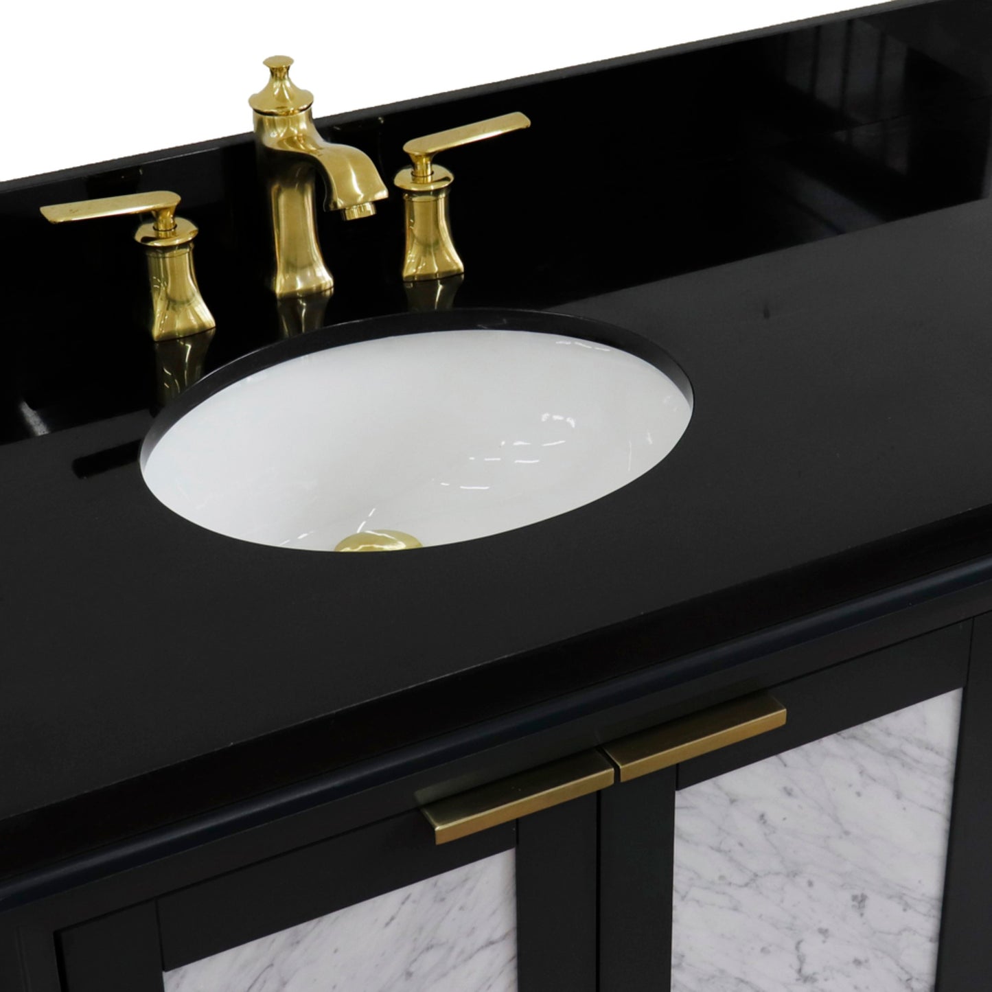 43" Single vanity in Dark Gray finish with Black galaxy and oval sink Left door/Left sink