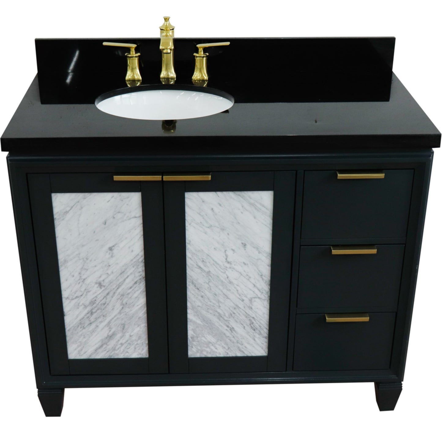 43" Single vanity in Dark Gray finish with Black galaxy and oval sink Left door/Left sink