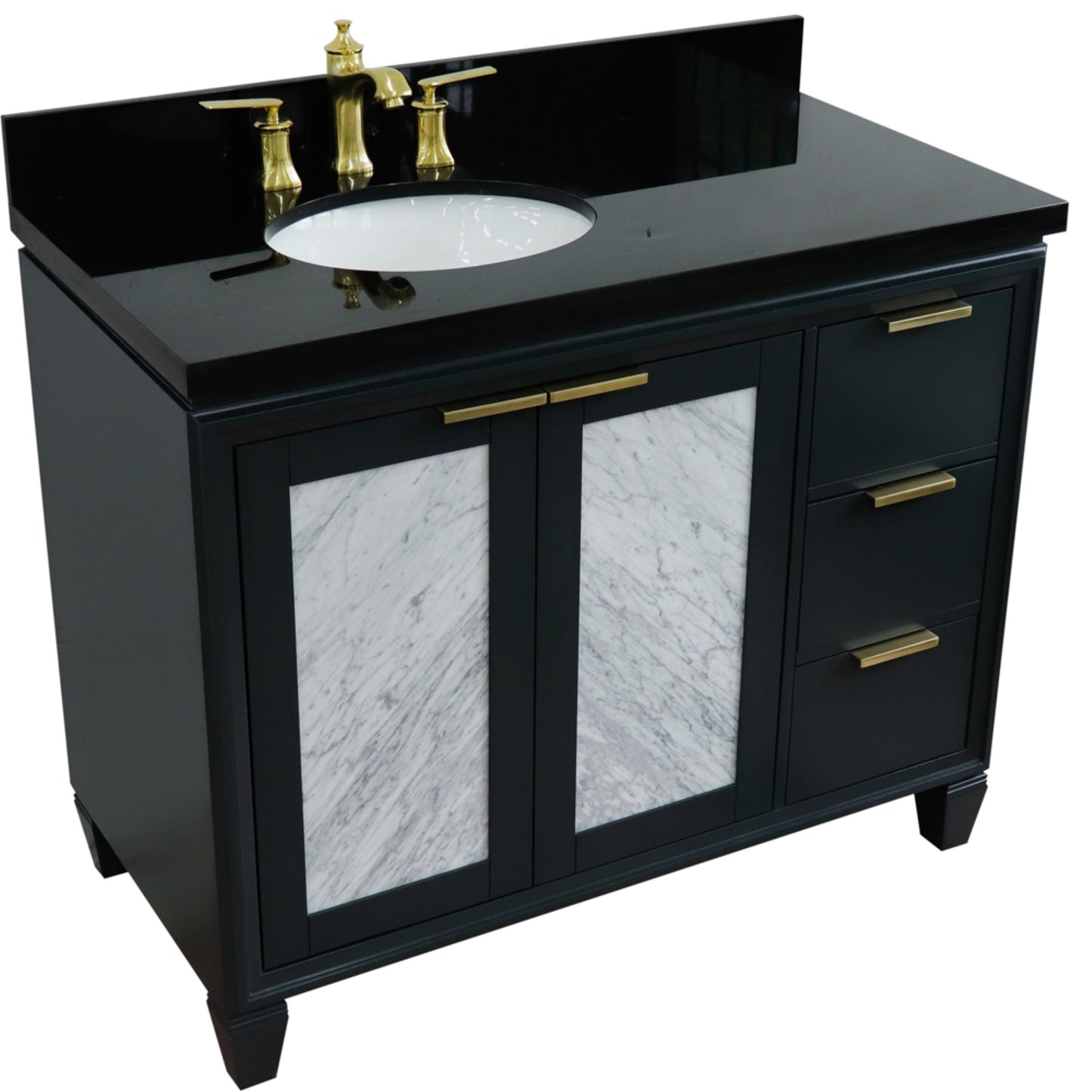 43" Single vanity in Dark Gray finish with Black galaxy and oval sink Left door/Left sink