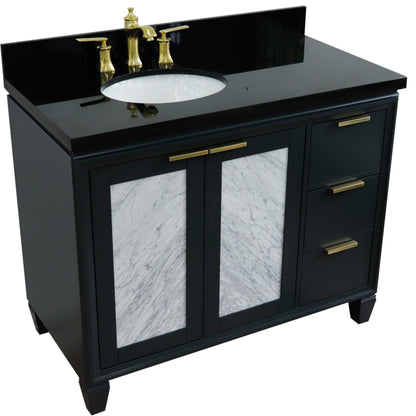 43" Single vanity in Dark Gray finish with Black galaxy and oval sink Left door/Left sink