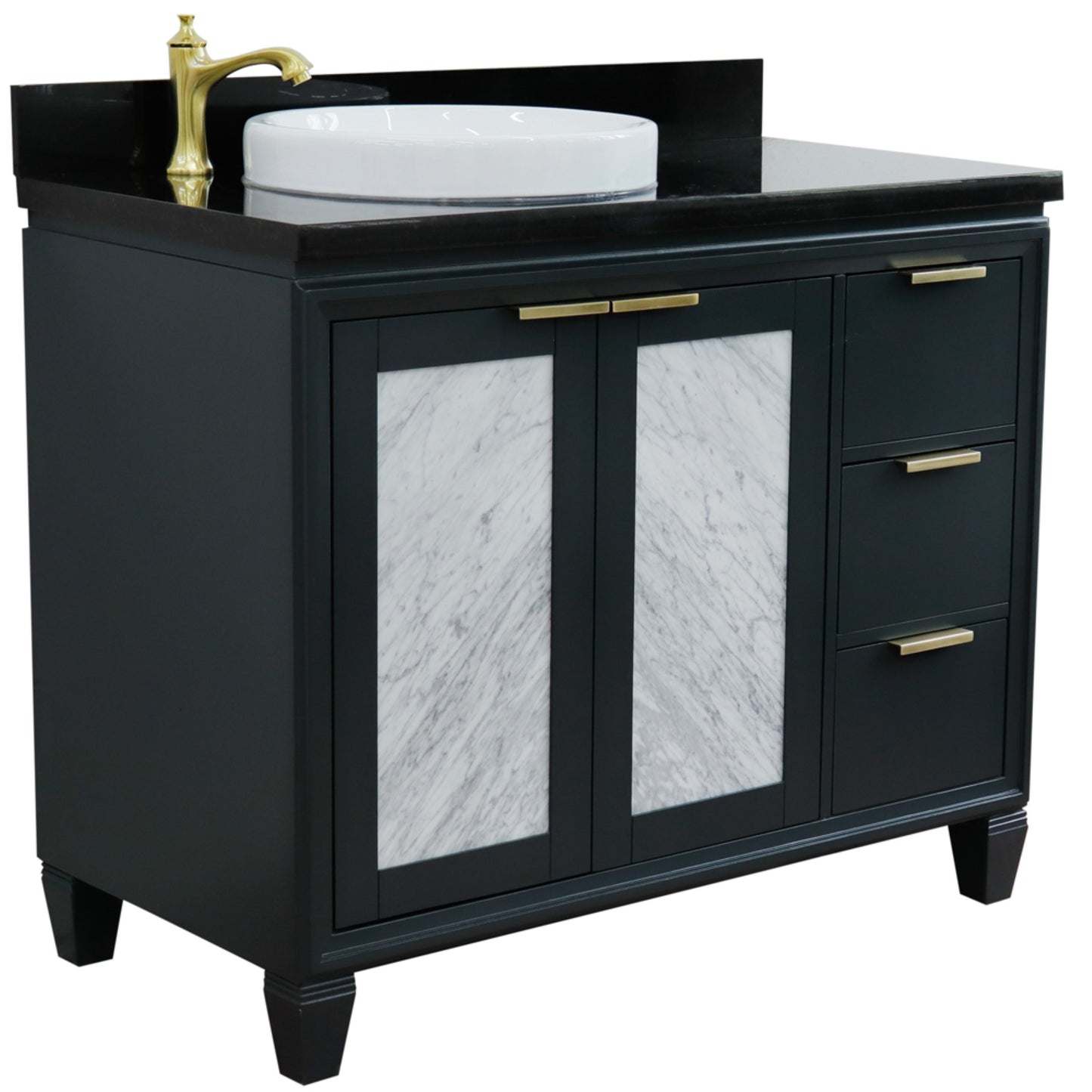 43" Single vanity in Dark Gray finish with Black galaxy and round sink Left door/Left sink