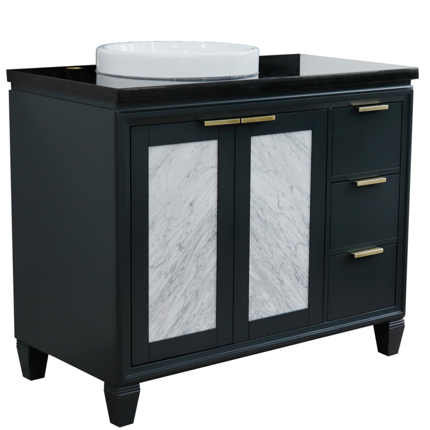 43" Single vanity in Dark Gray finish with Black galaxy and round sink Left door/Left sink