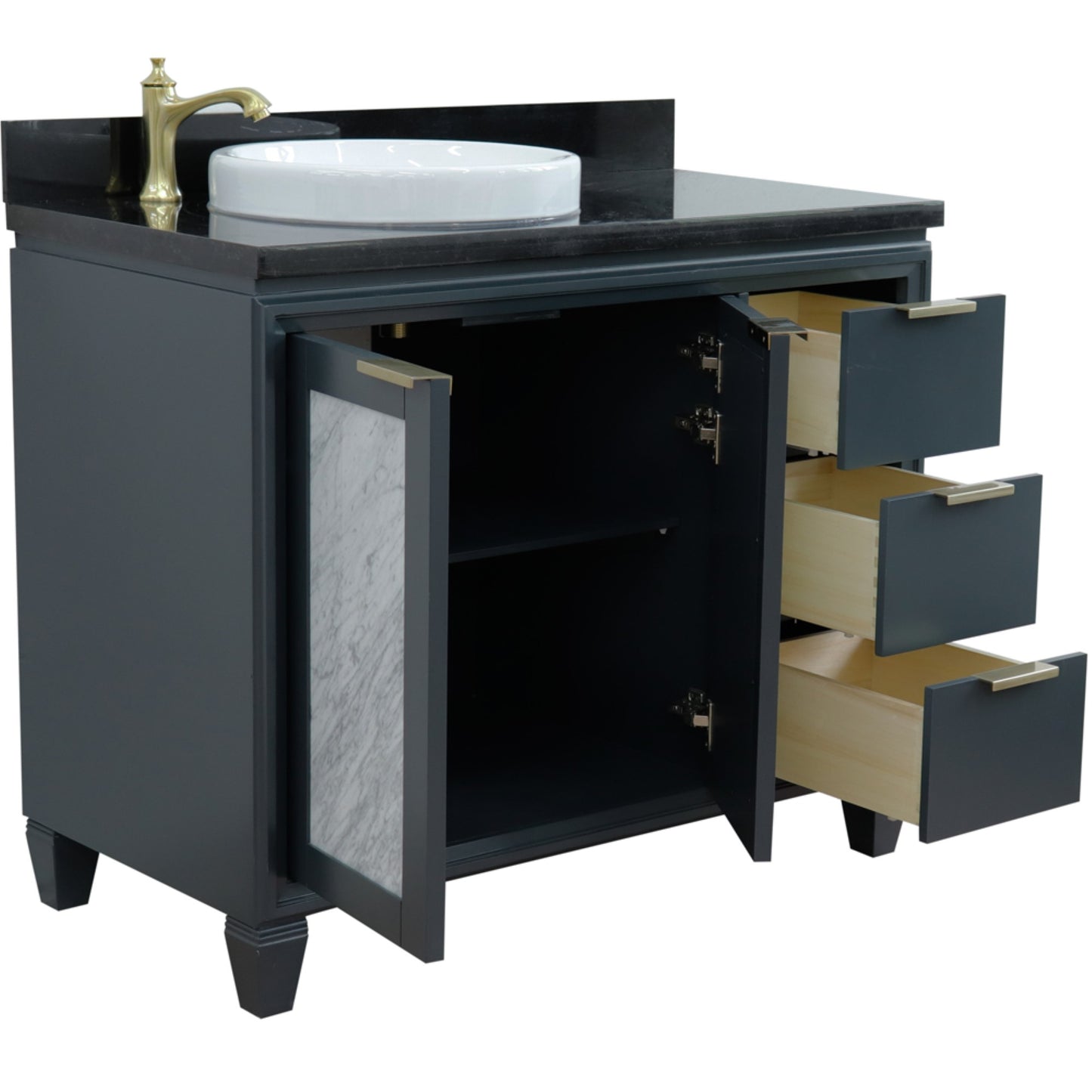 43" Single vanity in Dark Gray finish with Black galaxy and round sink Left door/Left sink