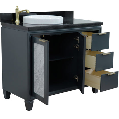 43" Single vanity in Dark Gray finish with Black galaxy and round sink Left door/Left sink