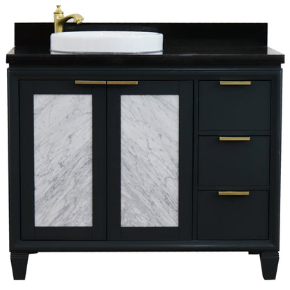 43" Single vanity in Dark Gray finish with Black galaxy and round sink Left door/Left sink
