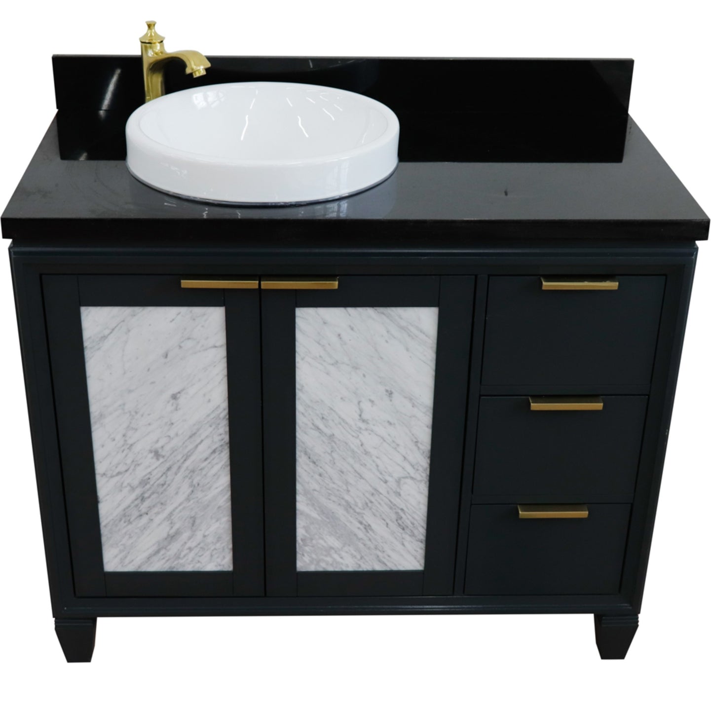 43" Single vanity in Dark Gray finish with Black galaxy and round sink Left door/Left sink