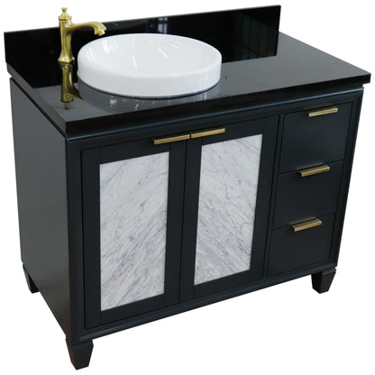 43" Single vanity in Dark Gray finish with Black galaxy and round sink Left door/Left sink