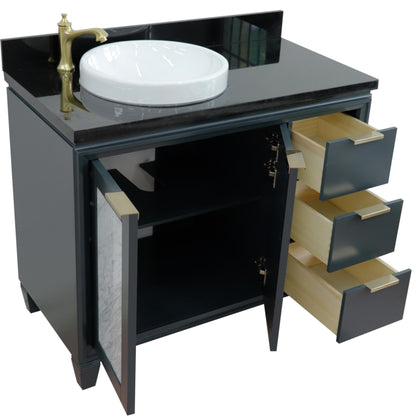 43" Single vanity in Dark Gray finish with Black galaxy and round sink Left door/Left sink