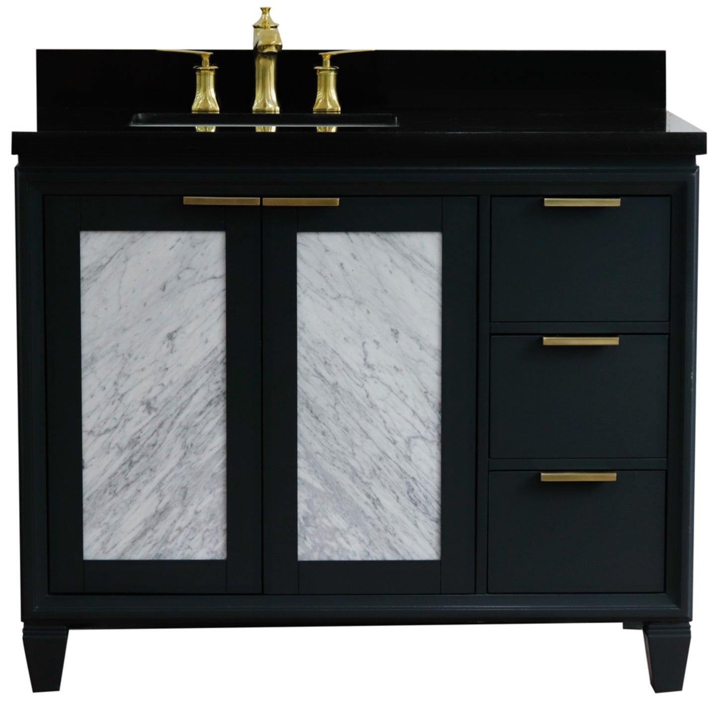 43" Single vanity in Dark Gray finish with Black galaxy and rectangle sink Left door/Left sink