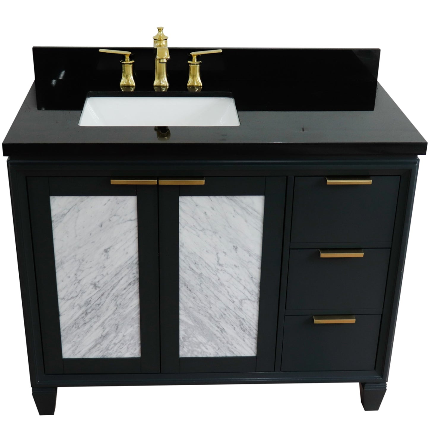 43" Single vanity in Dark Gray finish with Black galaxy and rectangle sink Left door/Left sink