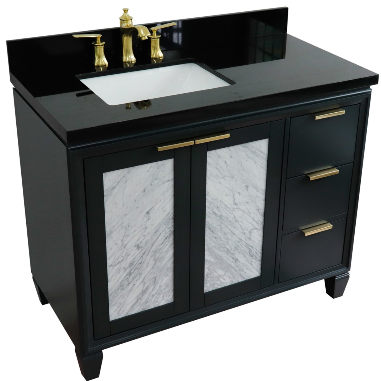 43" Single vanity in Dark Gray finish with Black galaxy and rectangle sink Left door/Left sink