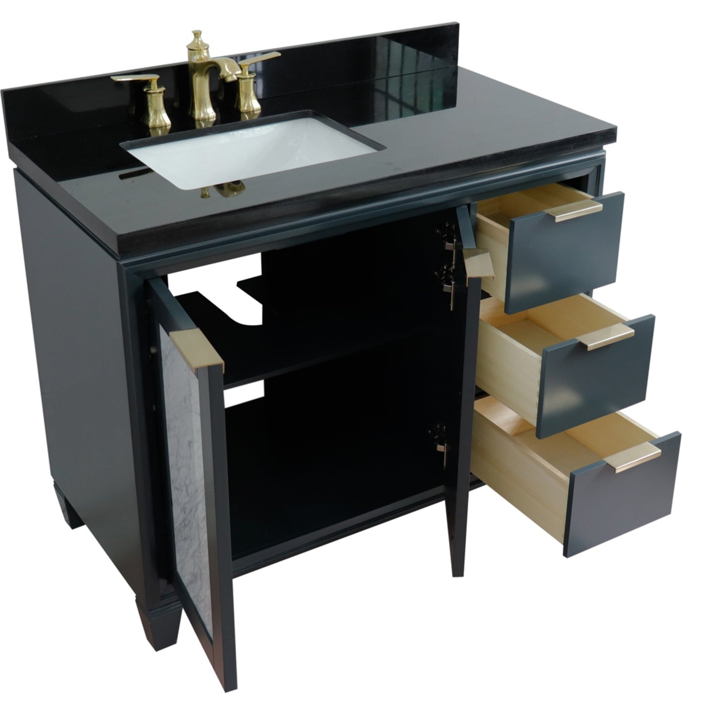 43" Single vanity in Dark Gray finish with Black galaxy and rectangle sink Left door/Left sink