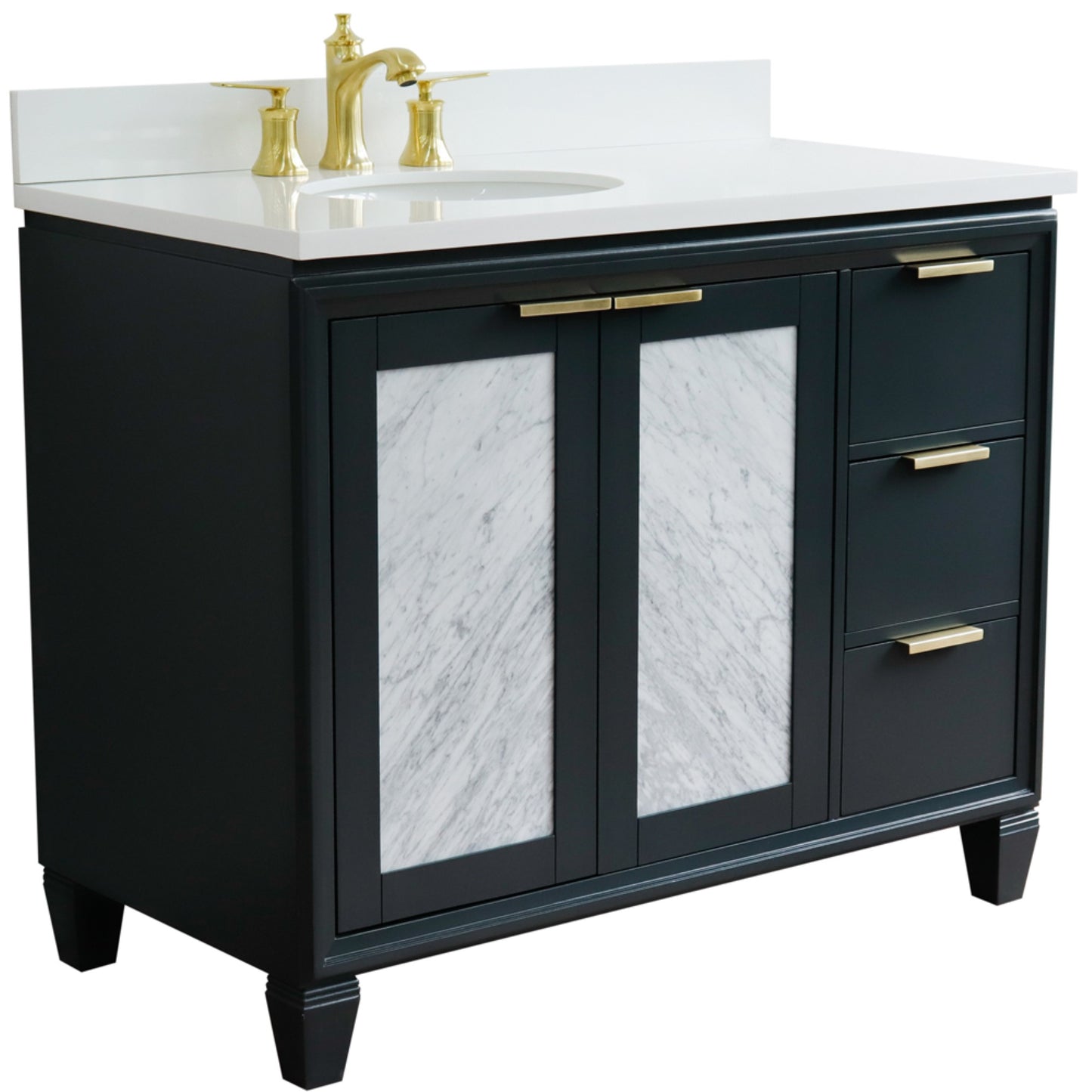 43" Single vanity in Dark Gray finish with White engineered stone and oval sink Left door/Left sink