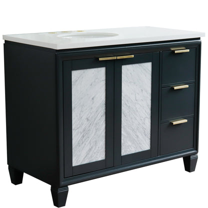 43" Single vanity in Dark Gray finish with White engineered stone and oval sink Left door/Left sink