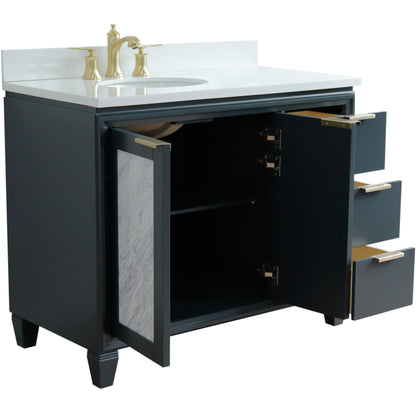 43" Single vanity in Dark Gray finish with White engineered stone and oval sink Left door/Left sink